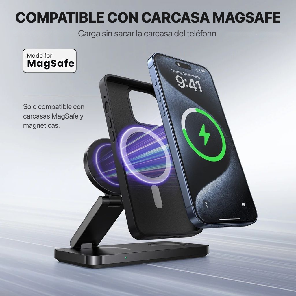 MagFold Base — Cargador 3 en 1 MagSafe (iPhone · Watch · AirPods)