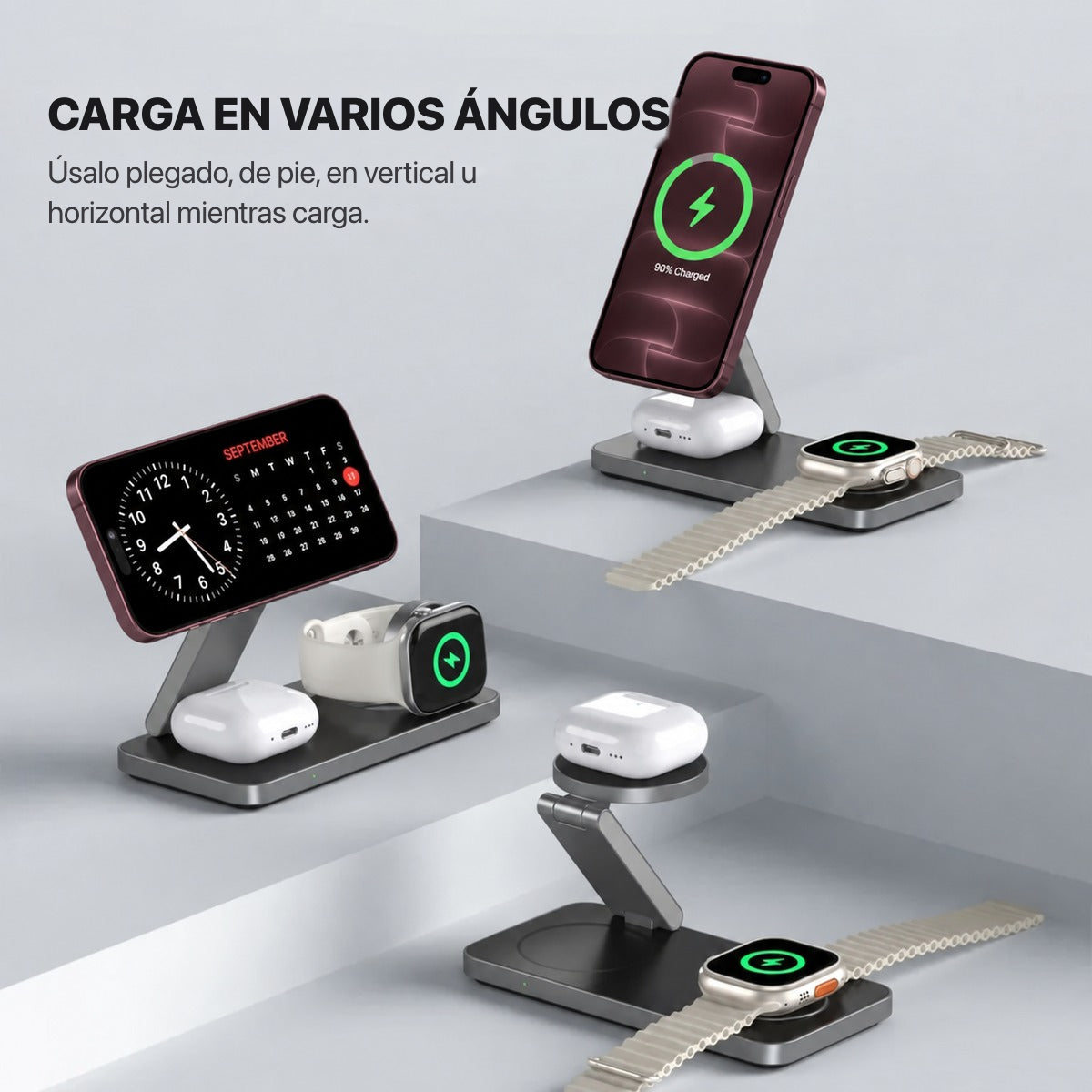 MagFold Base — Cargador 3 en 1 MagSafe (iPhone · Watch · AirPods)