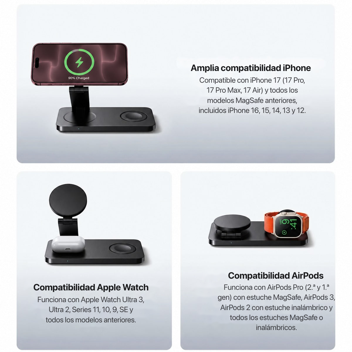 MagFold Base — Cargador 3 en 1 MagSafe (iPhone · Watch · AirPods)