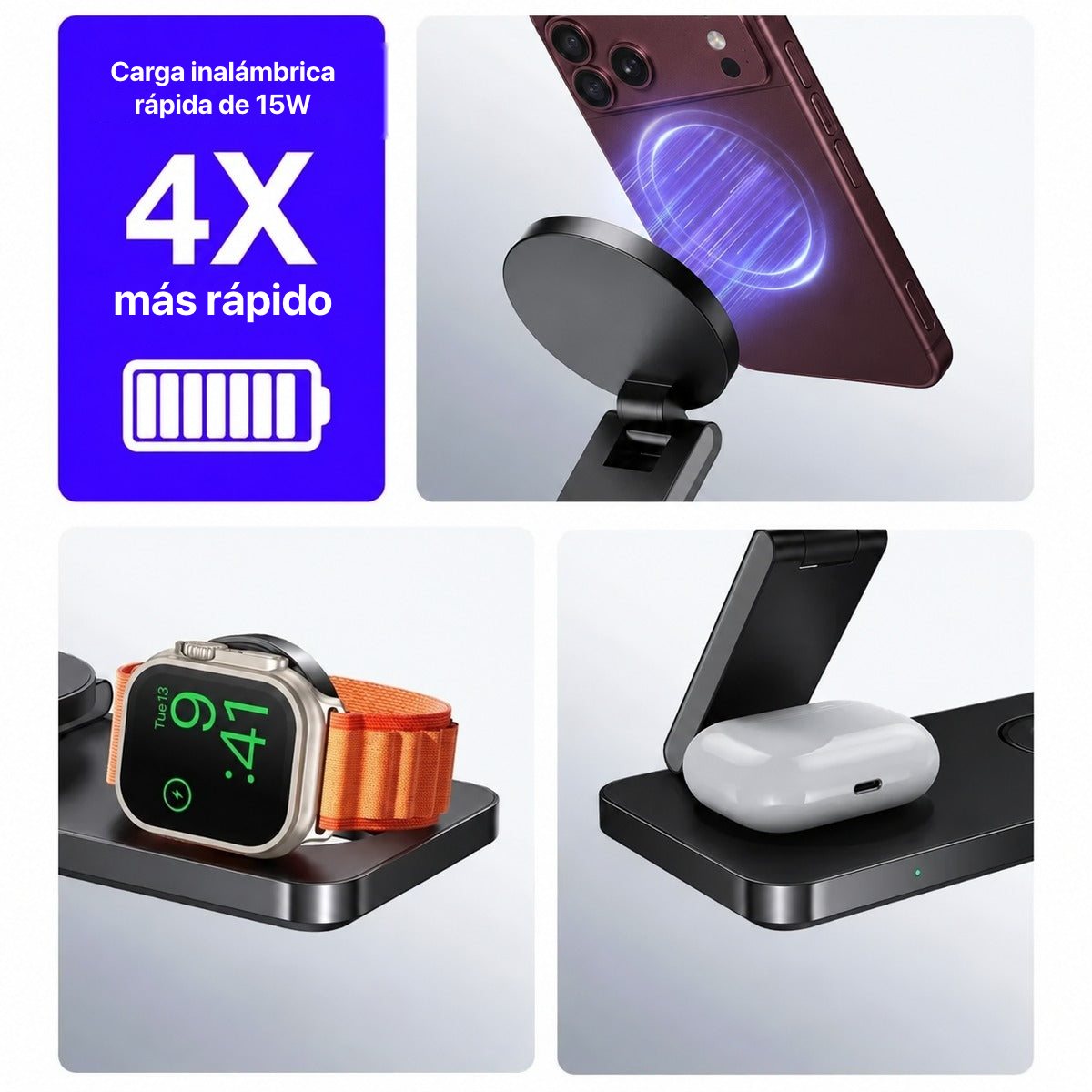 MagFold Base — Cargador 3 en 1 MagSafe (iPhone · Watch · AirPods)