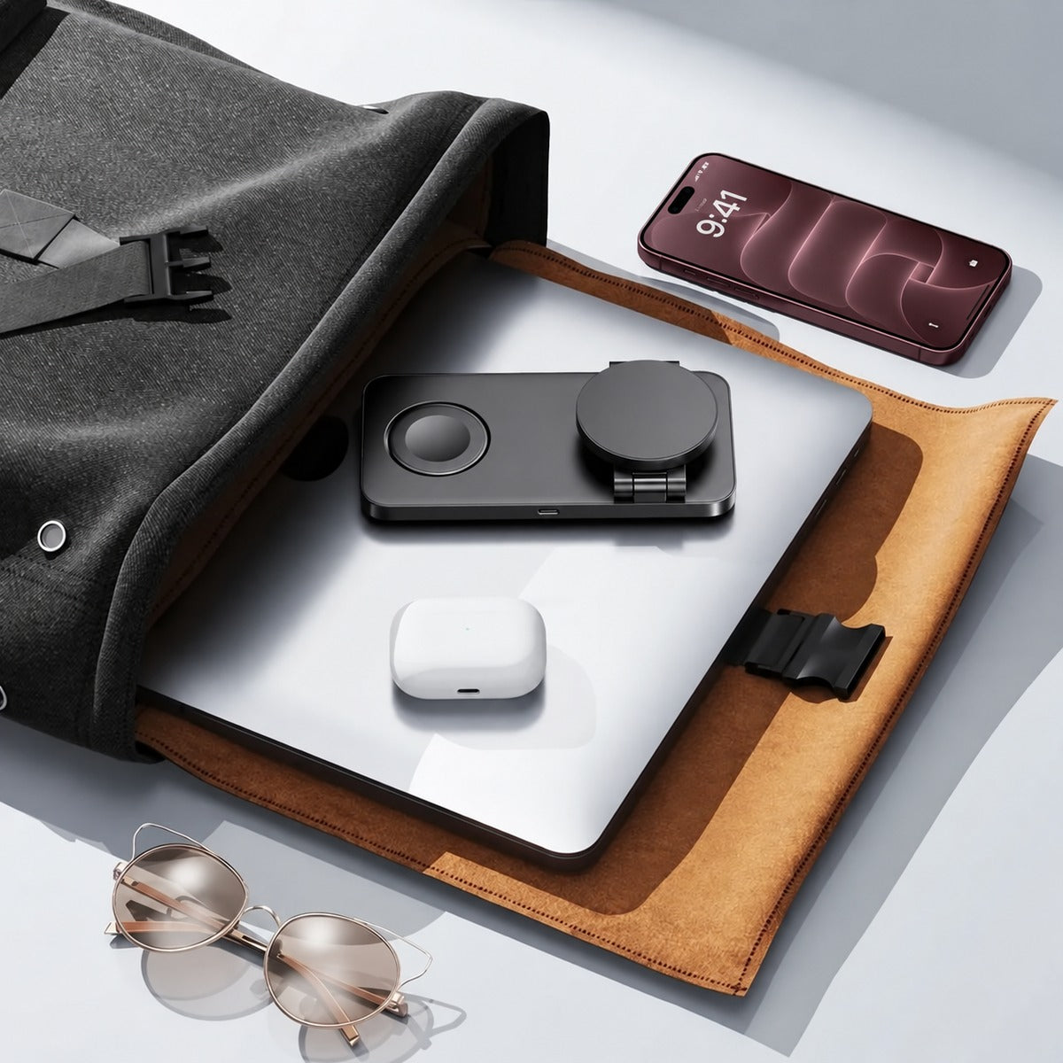 MagFold Base — Cargador 3 en 1 MagSafe (iPhone · Watch · AirPods)