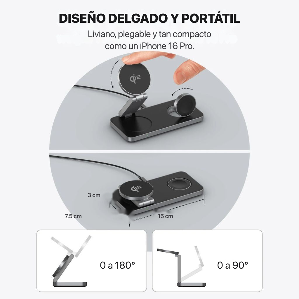 MagFold Base — Cargador 3 en 1 MagSafe (iPhone · Watch · AirPods)